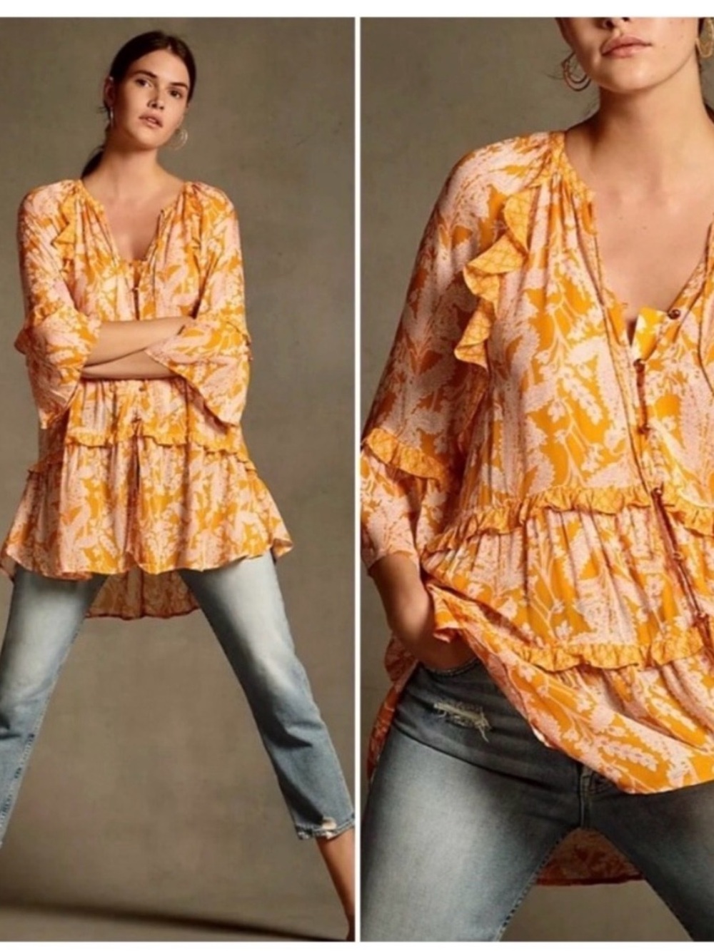 Anthropologie Flowy, Floral Button-Front Tunic in Orange and Pink | S